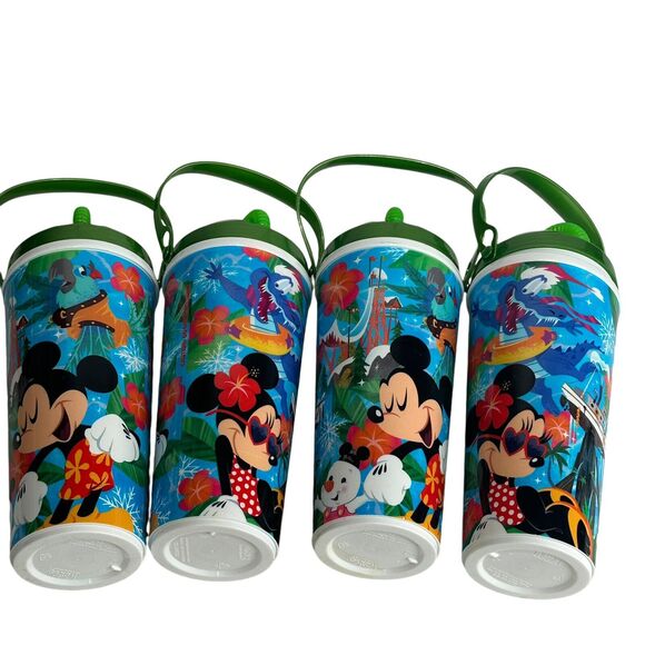 4 Disney World Water Parks Large Drink Cup Straw & Lids Mickey Minnie 28 oz.